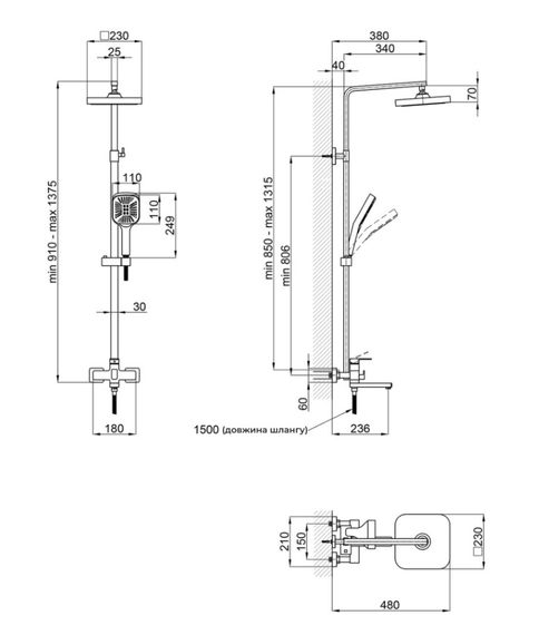 Душова система універсальна Lidz Wawel 1030, Black (k35) LDWAW1030BLA45396 | Зображення 1