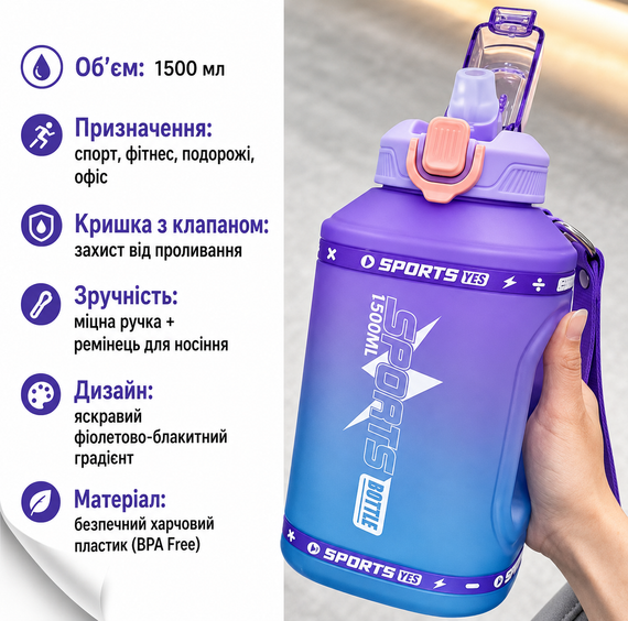 Эко-бутылка для воды SPORTS BOTTLE (1500 мл) - Фиолетово-голубой градиент со встроенной ручкой | Зображення 3