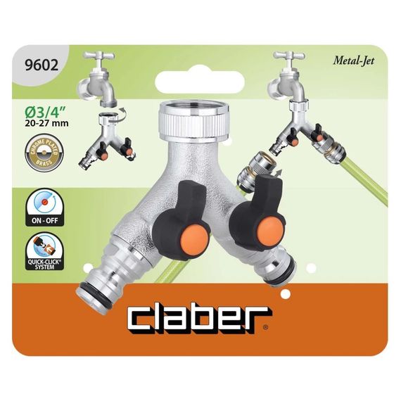 Соединитель двухсторонний (двойник) для садового шланга Claber Metal-Jet 9602 (вход 3/4" выход Б/Д) | Зображення 1