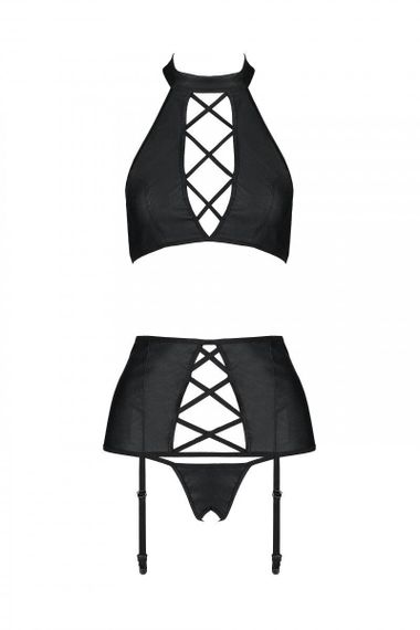 Комплект з еко-шкіри з імітацією шнурівки Passion NANCY SET S/M black топ, трусики, пояс для панчіх Sex Aura | Зображення 4