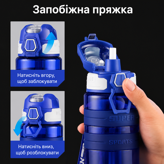 Спортивная бутылка KANGZYUAN 500 мл - Синяя Tritan BPA-free, ударопрочная эко-бутылка с трубочкой и ремешком | Зображення 4