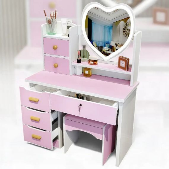 Туалетний столик з LED-дзеркалом у формі серця, пуфиком та висувними ящиками (STL-MD 89) | Зображення 2