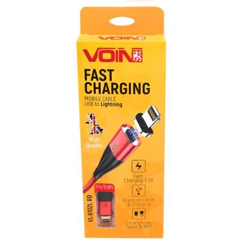Кабель магнітний VOIN USB - Lightning 3А, 2m, red (швидка зарядка / передача даних) | Зображення 3