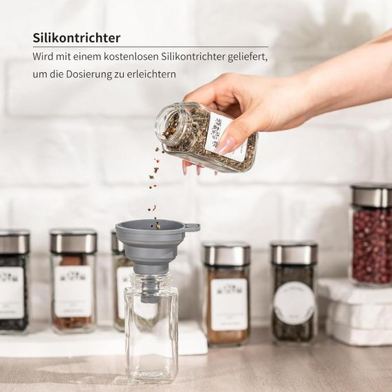 Набір з 12 баночок для спецій Fsvaer, скло та нержавіюча сталь, 120 мл, з кришкою на 3 режими, воронкою, наліпками та маркером | Зображення 1