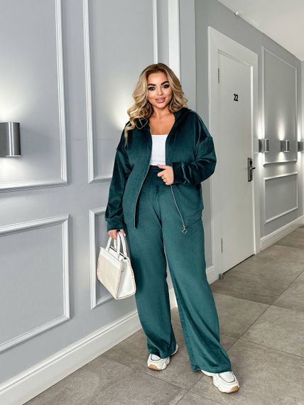 Женский велюровый спортивный костюм больших размеров штаны палаццо МТ317 цвет зеленый, размер 50/52