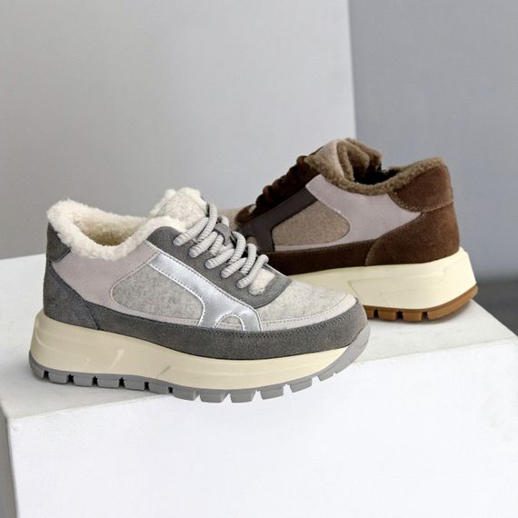 Дизайнерські комбіновані фетрові зимові кавово-бежеві кросівки | Зображення 9