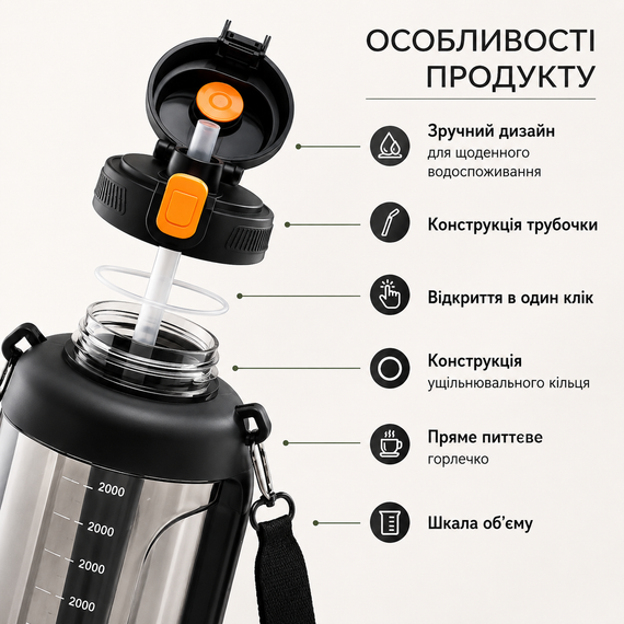 Спортивная бутылка для воды Tritan 2200 мл с ручкой и ремешком, Черная (Тритановая бутылка большой емкости) | Зображення 7