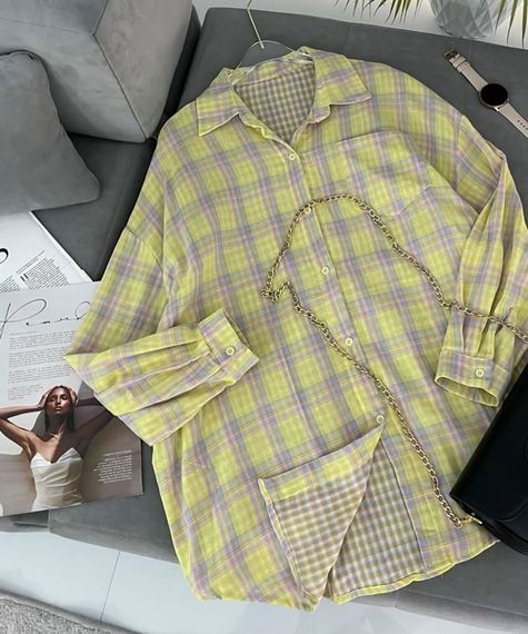 Рубашка женская в клетку из коттона 20789 S-XL желтая | Зображення 1