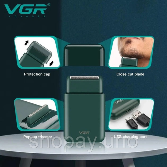 Аккумуляторная мини‑электробритва для мужчин VGR V‑390 Green • Профессиональный шейвер с триммером для сухого и влажного бритья | Зображення 5