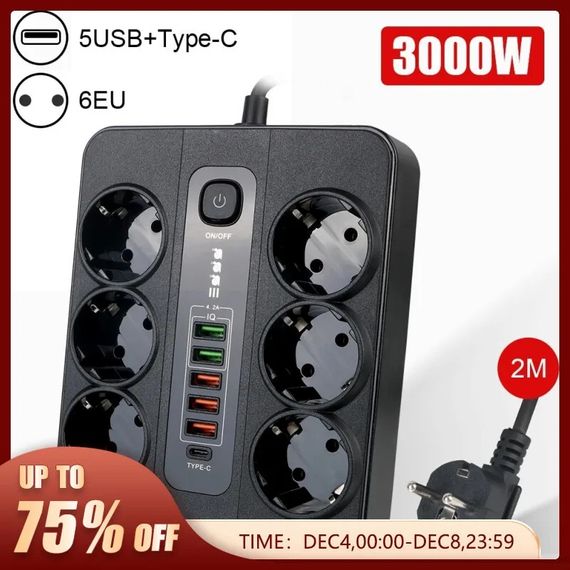 Мережевий подовжувач на 6 розеток + USB Type-C до 3000 в Атт | Зображення 4