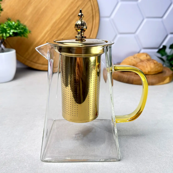 Стильный стеклянный чайник 950 мл Puer GK-5803 с золотистыми элементами и удобным заварочным фільтром Прозрачный | Зображення 4