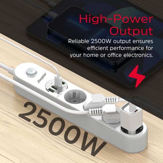 Power filtr 2.0м Energizer 4 розетки, 4xUSB 3.4A, з заземленням білий | Зображення 4