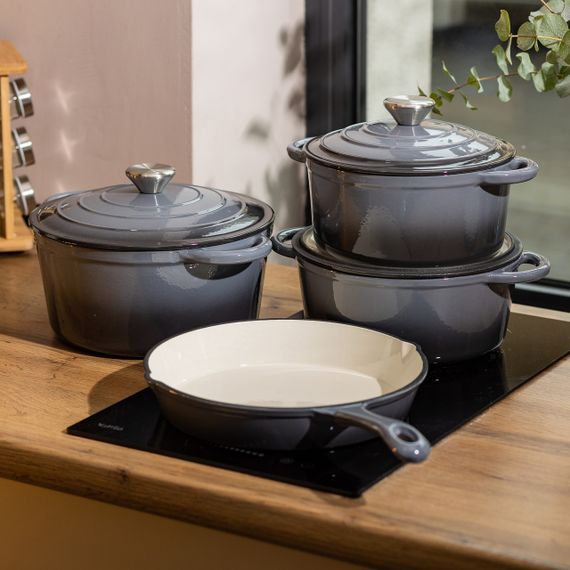 Набір чавунного посуду для приготування 3 каструлі та сковорода з емальованим покриттям Сірий HP-1-5 | Зображення 7