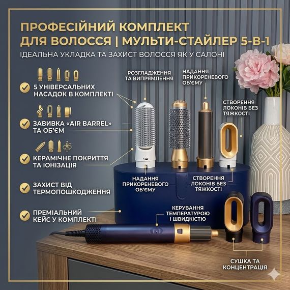 ОЧЕНКА! Стайлер 5 в 1 HAIR — мультистайлер із 5 насадками для укладання, Синій (Немає однієї насадки 3475)