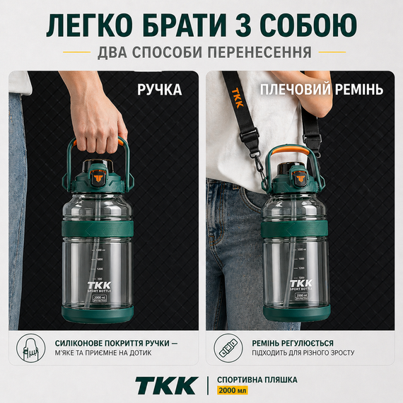 Спортивна пляшка TKK 2000 мл, Tritan (BPA-free), зелена. Ударопрочная бутылка с трубочкой и ремешком для фитнеса и тренировок | Зображення 6