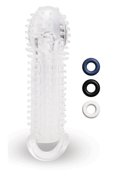 Насадка на пеніс із рельєфом Size-Up з 3 кільцями, прозора, 15.5 см Sex Aura