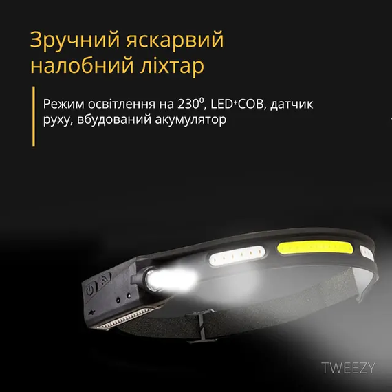 Легкий налобный фонарь LED+COB с датчиком движения и красным светом (черный) | Зображення 4