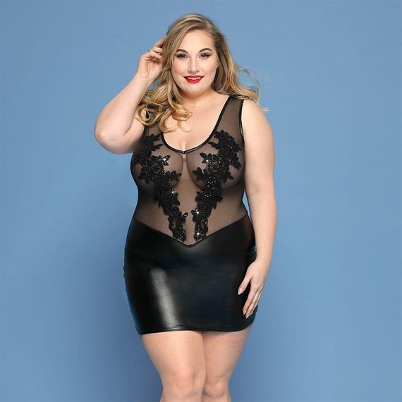 Элегантное платье JSY «Леди София» Plus Size, black, мелкая сетка, вышивка, экокожа Sex Aura