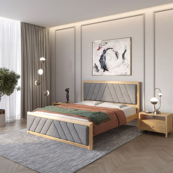 Двоспальне дерев&#039;яне ліжко Mebigrand Барселона Б2 Горіх світлий/Аляска 93 (Сірий) 160х200 см (MBG-13509)