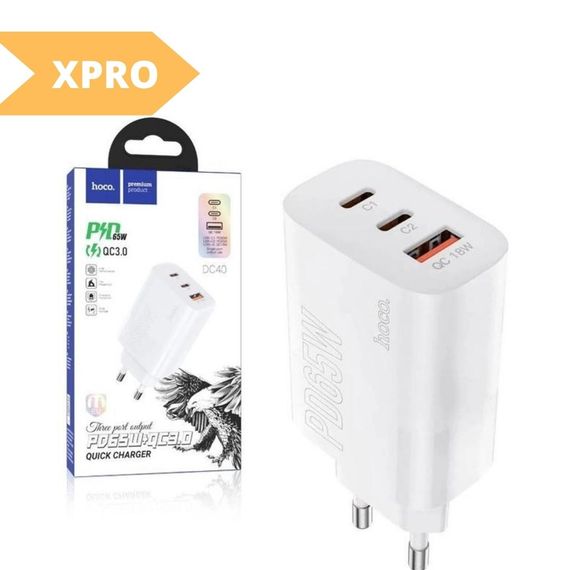 Сетевое Зарядное Устройство XPRO Hoco DC40 PD 65W + QC3.0 Type-C to Type-C белое (33288-01_725) | Зображення 1