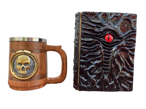 Подарунковий набір Кухоль 3D Череп Gold Rose та Блокнот 3D «Книга, що дивиться у відповідь»