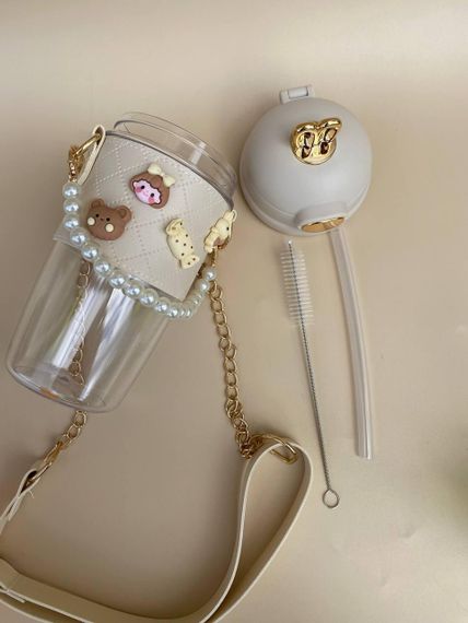 Дитяча пляшка для води  з ремінцем і стікерами  бежевого кольору 580 мл | Зображення 3