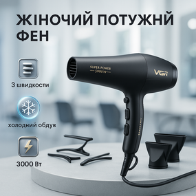 Фен для укладання середнього волосся VGR, Фен електричний з насадками для красивої укладки волосся ZV-82