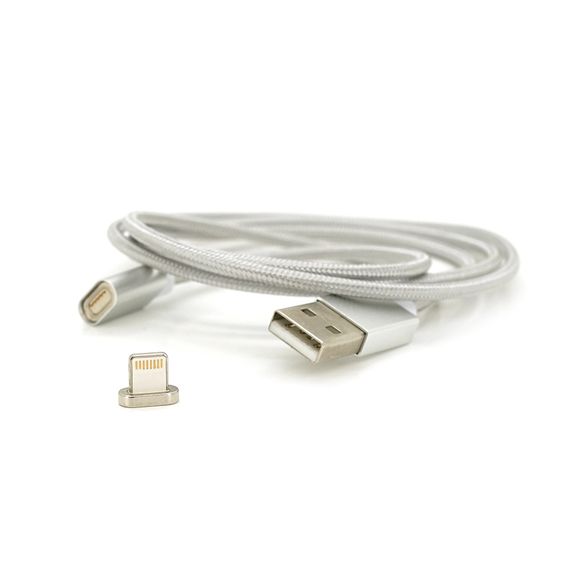 Магнітний кабель USB 2.0 / Lighting, 1m, 2А, індикатор заряду, тканинна оплетка, знімач, Silver, Blister ( під наконечник 1938 )