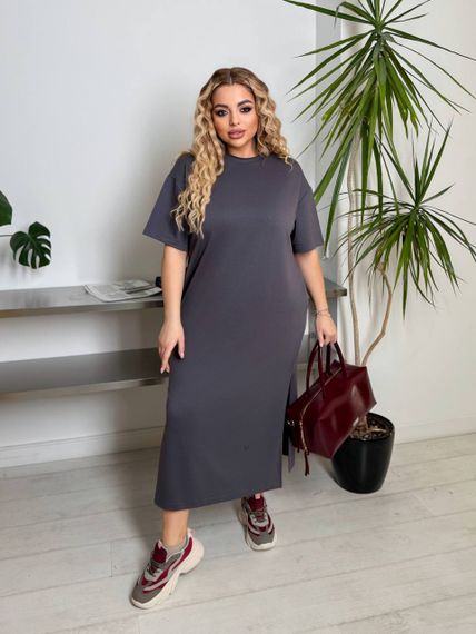 Женское платье-футболка длинное с коротким рукавом, больших и батальных размеров IS870, цвет серый, размер 50/52 | Зображення 3