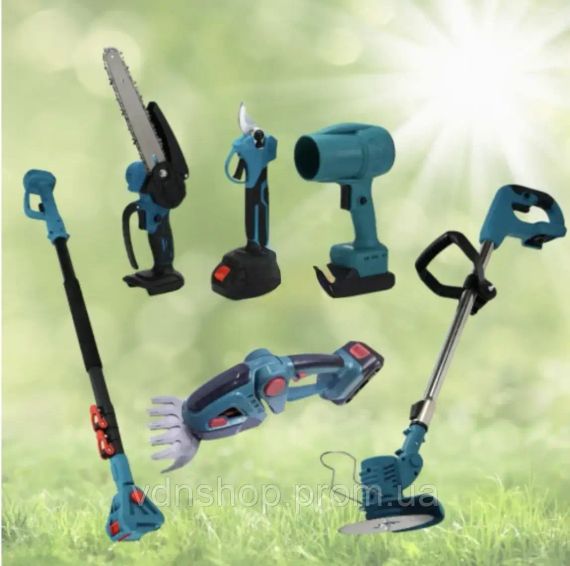 Акумуляторний універсальний садовий набір 6 в 1 / Секатор / Міні-пила / Тример / Повітродувка / Подовжувач / Кущоріз | Зображення 1