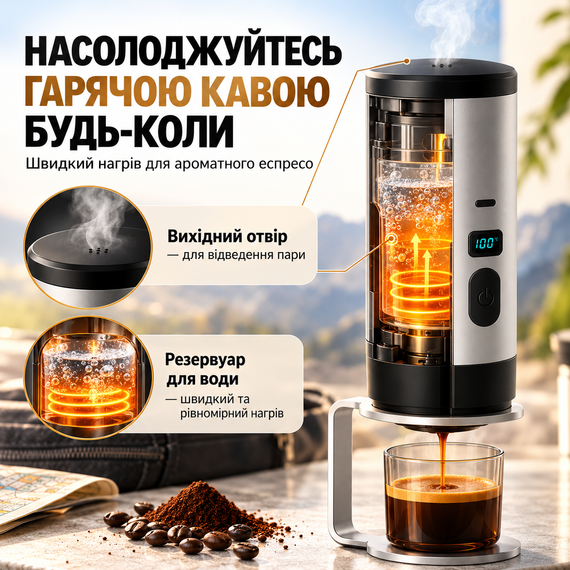 Портативна кавомашина акумуляторна для еспресо з підігрівом води 15 бар 7800 мАг USB Type-C з дисплеєм срібляста | Зображення 7
