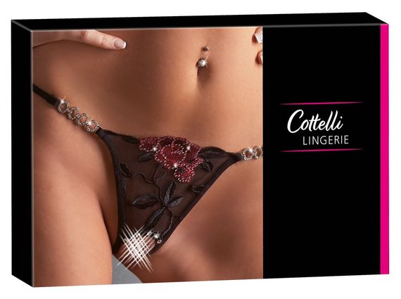 Стринги сексуальні Cottelli Collection String Rose з вишивкою та імітацією шнурівки, чорні, M/L sexstyle