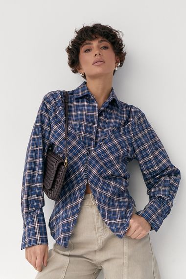 Сорочка в клітинку з акцентом на талію - синій цвет, M (є розміри)