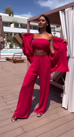 Женский летний костюм тройка брюки палаццо + рубашка + топ-бандо LY25030 цвет красный, размер 46/48 | Зображення 1