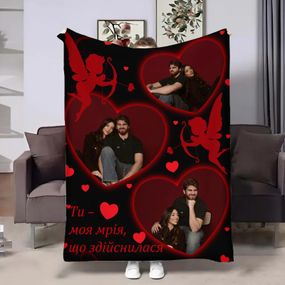 Плед 3D зі своїм фото для закоханих Три серця кохання Black 32500 135х160 см