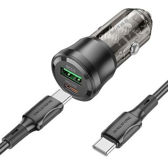 АЗП Borofone BZ25 Journey PD20W+QC3.0 total 38W (1USB-A/1C) + кабель Type-C to Type-C Transparent black | Зображення 1