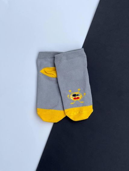 Шкарпетки дитячі на дівчинку короткі на літо монстрик  ⁇  Прикольні дитячі шкарпетки літні Сірий + жовтий, 14-16