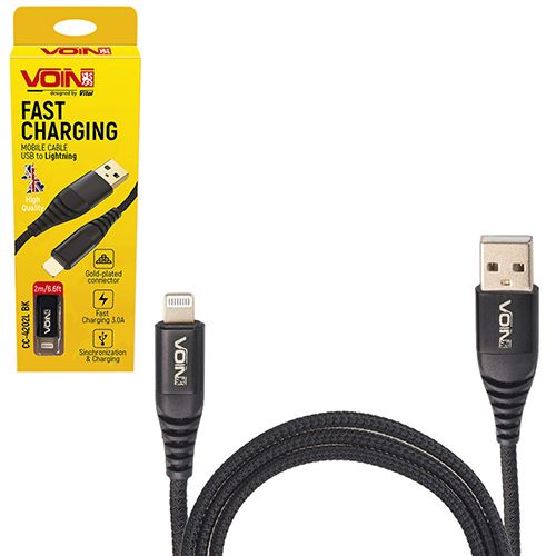 Кабель VOIN CC-4202L BK USB - Lightning 3А, 2m, black (швидка зарядка/передача даних)