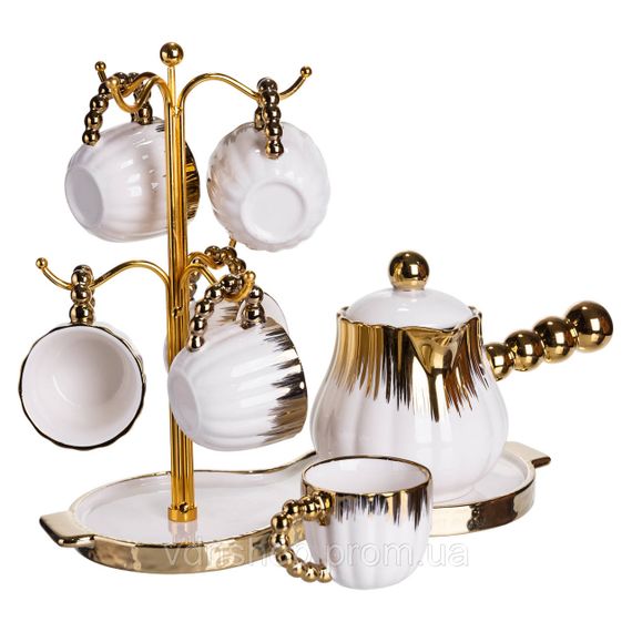 Кофейный сервиз на подставке с кофейником 450 (мл) 6 чашек по 90 (мл) подарочный набор чашек на подставке Белый с золотом FM-JJ-5 | Зображення 1