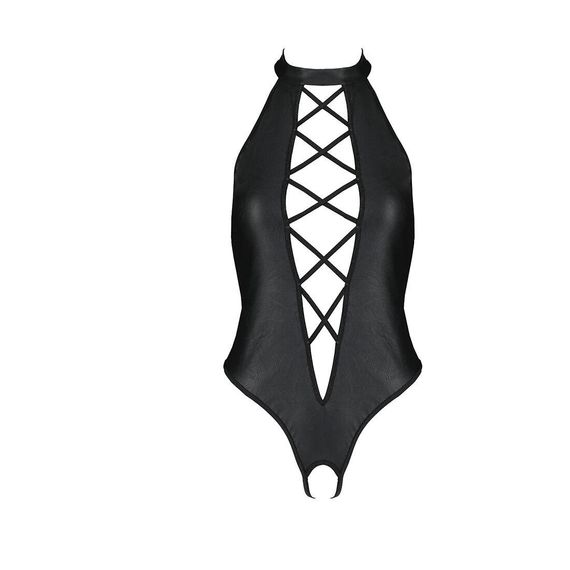 Боді з екошкіри Passion Nancy Body 4XL/5XL black, з імітацією шнурівки та відкритим доступом, L/XL | Зображення 2