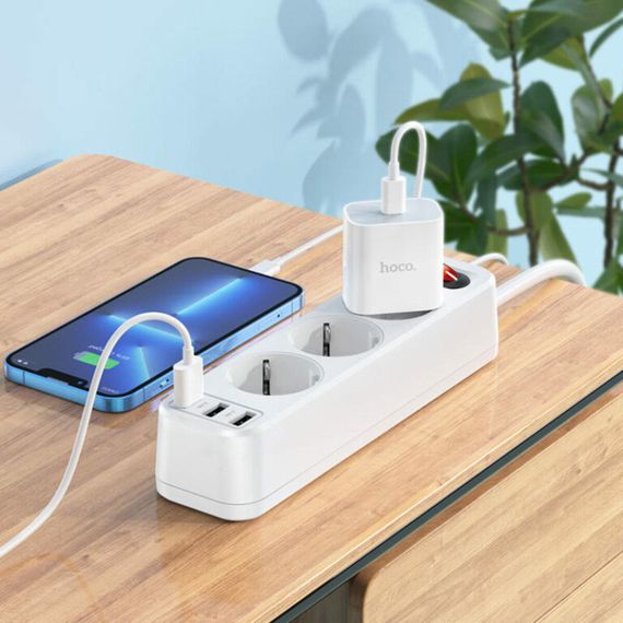 Мережевий зарядний пристрій HOCO NS2 3-position extension cord socket(including 3*USB output) White | Зображення 2