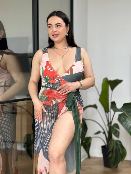 Суцільний купальний PLUS SIZE з парео тропічний принт | Зображення 8