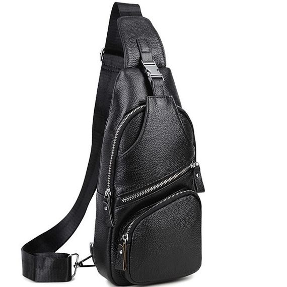 Мужская кожаная сумка-слинг черная TIDING BAG - MK-96303