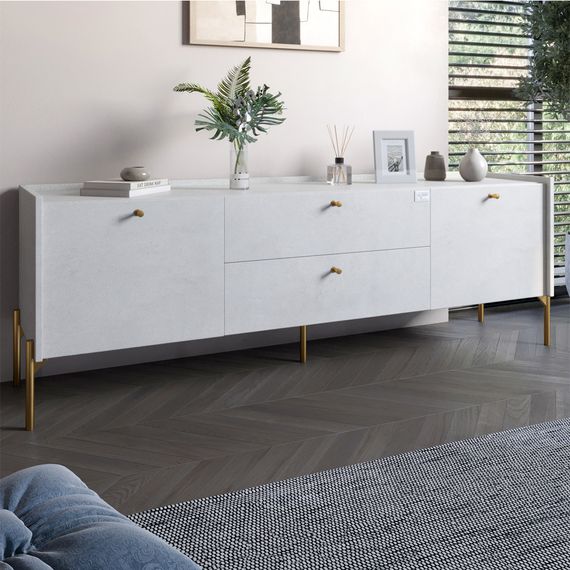 Тумба під телевізор з шухлядами LION Wood з золотими ніжками 180х50х40 см Бетон style (LION-043109)