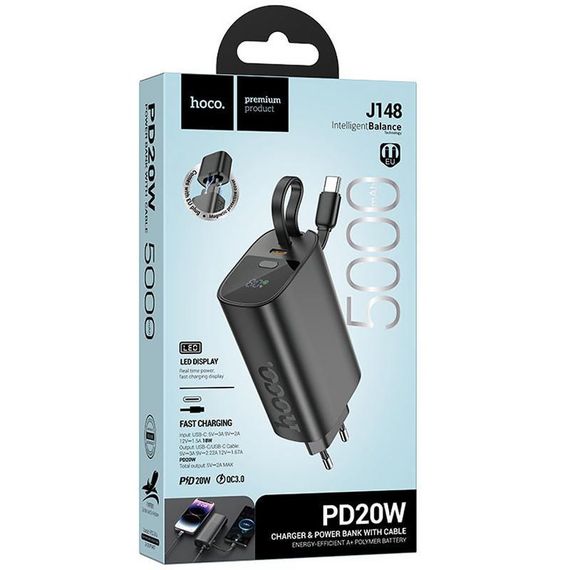 Портативное ЗУ Power Bank Hoco J148 Handy PD20W with cable 5000 mAh Black | Зображення 3