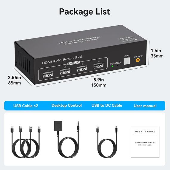 KVM-перемикач HDMI на 2 монітори TJCXELE, для 2 ПК, 2 ноутбуки, 4K 30Гц, з USB 2.0, док-станція з пультом | Зображення 6