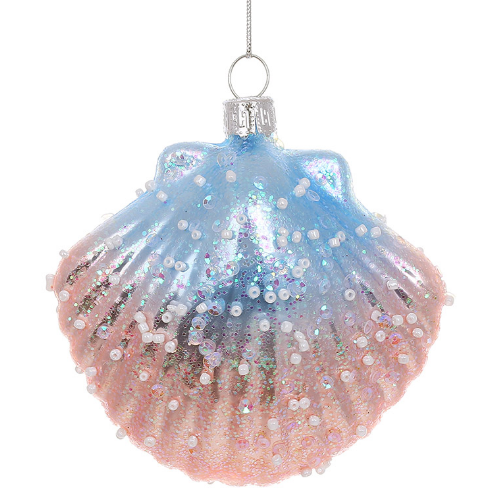 Ялинкова прикраса зі скла Мушля з бісером 8.5см, колір - рожевий з блакитним