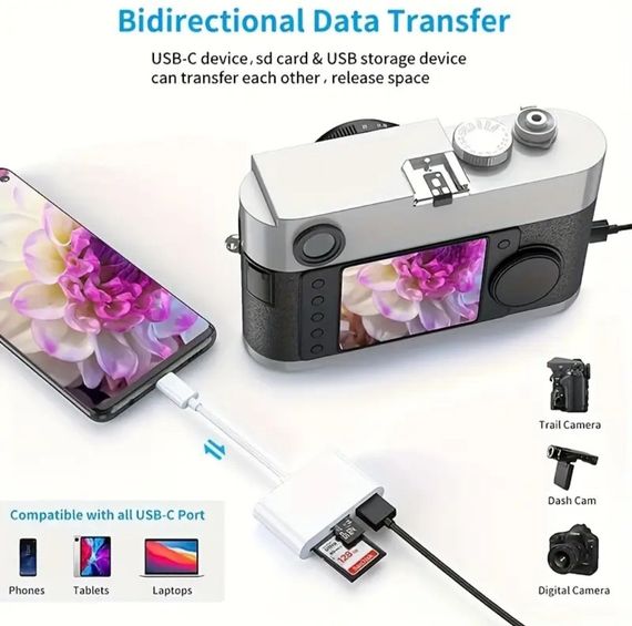 Универсальный кард-ридер 3-в-1 (SD/TF/CF) с Type-C и USB-портами, OTG-адаптер для телефонов, ноутбуков и др. | Зображення 8