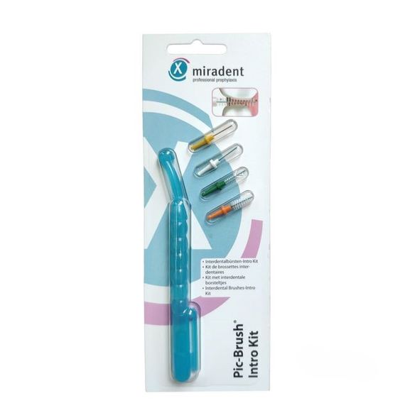 Тримач для йоржика Miradent Pic Brush Intro Kit блакитний + 4 йоржика в комплекті (асорті)