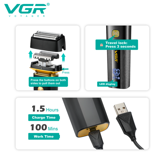 Электробритва VGR V-355 шейвер, двойное лезвие, выдвижной триммер, LED дисплей | Зображення 5